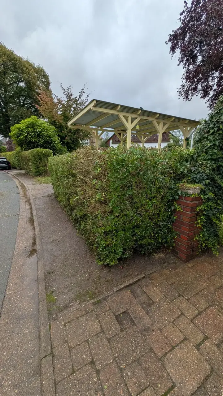 Zurückgeschnittene Hecke und geräumter Gehweg nach dem Arbeitseinsatz